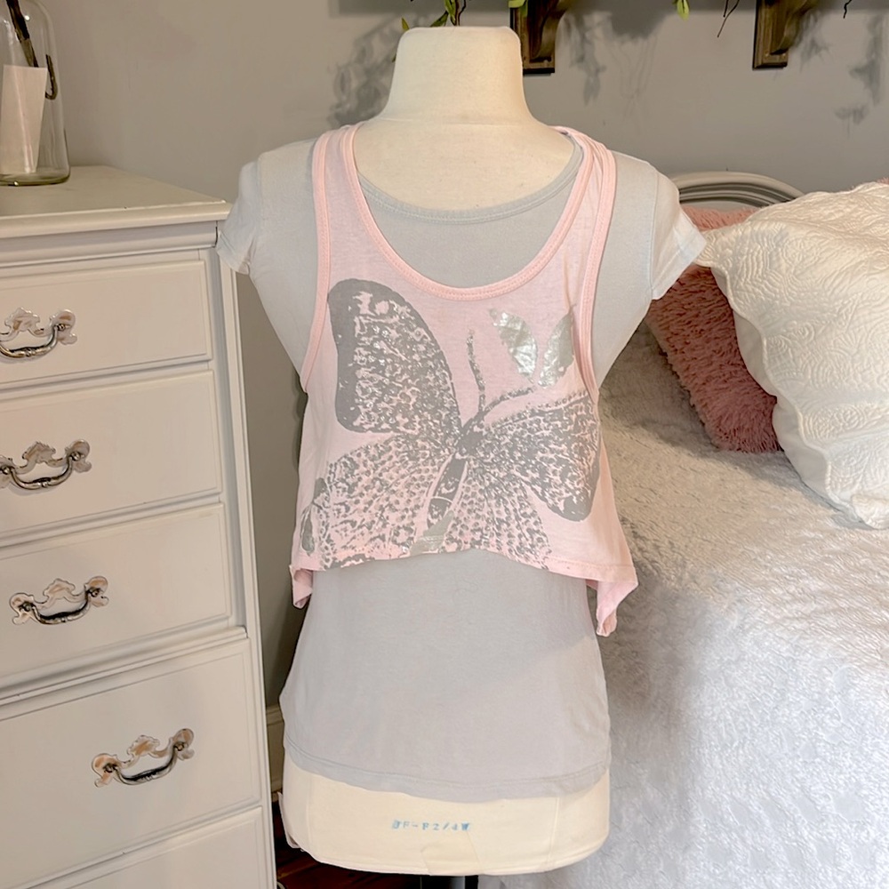 Pink Butterfly Crop Top Angled Gray Cotton Short Sleeve Set Girls 10/12